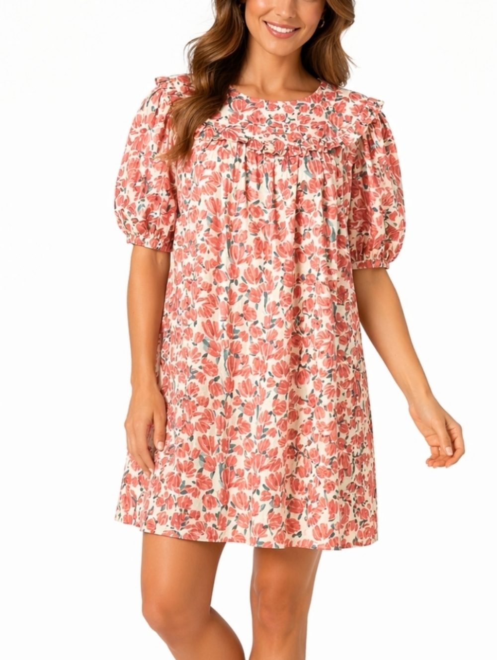 NWT Moodie Textured Cotton Coral Floral Print Ruffle Bib Collar Babydoll…